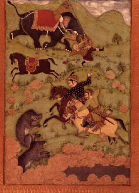 Rajput princes hunting bears while a mahoot and his elephant rescue a fallen horseman from a tiger, von Anonymous