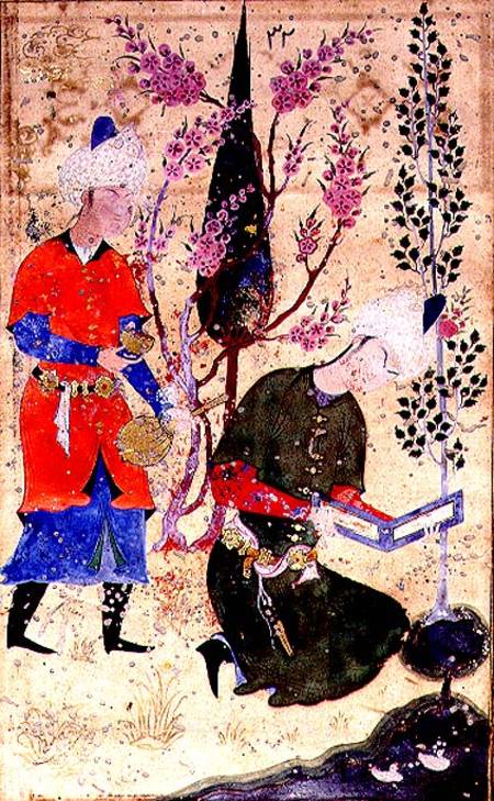 A seated prince reading whilst a servant serves wine, Persian, Bokhara School von Anonymous