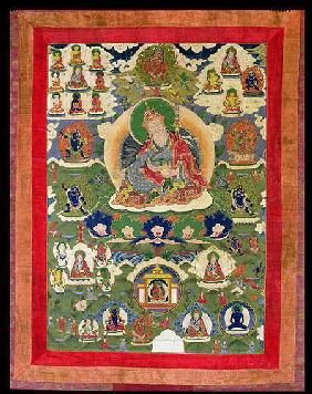 1952/3 Thangka of Padmasambhava with thirty-one major and several minor Figures depicting Padmasambh 19th-20th