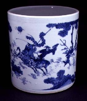 Blue and White Brushpot, painted with horsemen, Chinese,Transitional period c.1640