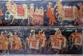Detail from two painted wood panels depicting processions with soldiers, carriages, oxen and elephan 18th centu