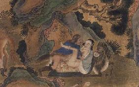 Erotic depiction of lovers using a reclining horse as a bed, from a series depicting the lives of Mo Tao-kuang
