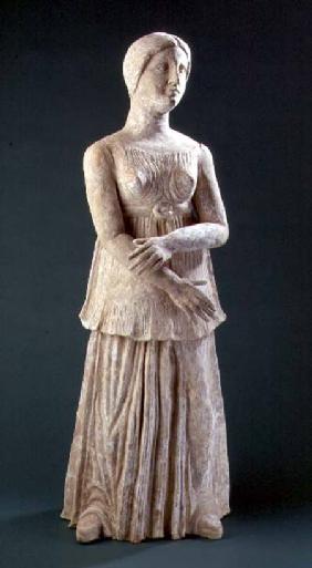 Figure of a female wearing a peplos belted at the waist, Greek,from Southern Italy 4th-3rd ce