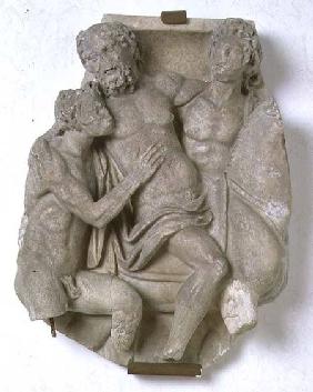 Fragment from a sarcophagus depicting Dionysus and Ariadne in a chariotRoman 2nd centur