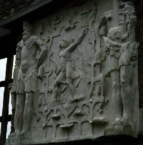 Gog and Magog, the legendary forces of evil and Eros, the god of love,decorating the chimney-piece o 16th centu