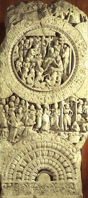 Greenish limestone carving depicting a story from the Jatakas, Amaravati,AP 1st centur