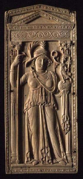 Ivory relief tablet depicting a helmeted Roman goddess holding a sceptre in her right handan orb wit late 5th c