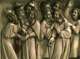 Judas receiving thirty pieces of silver, detail of ivory diptych,French 14th centu