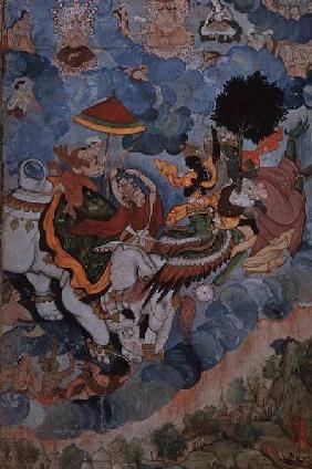 Krishna on the bird Garuda, overcomes Indra on his elephant, from the 'Hariansa' (Krishna's combat w c.1590,