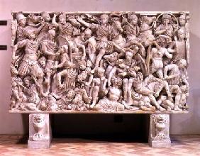 The Ludovisi sarcophagus with high relief representation of the Romans fighting the Barbarians 250-80 AD