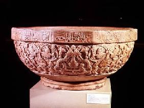 Marble Fountain Basin, with inscription giving name and lineage of local ruler, al Malik al Mansur M 1277 AD