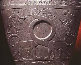 The Narmer Palette: ceremonial palette depicting a pair of long-necked cats being held on leashes 1st Dynast