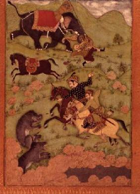 Rajput princes hunting bears while a mahoot and his elephant rescue a fallen horseman from a tiger, 17th centu