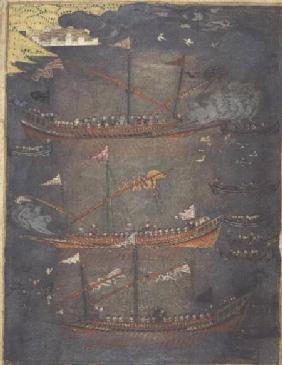 Sloane 3584 f.78v Turkish galleys in battle c.1636
