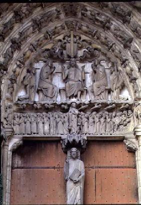 South Portal tympanum depicting Christ Enthroned with a Beau Christ figure on the trumeau below 12th centu