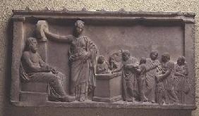Votive relief depicting a family sacrificing a bull to Asclepius, the god of health and his daughter 5th centur