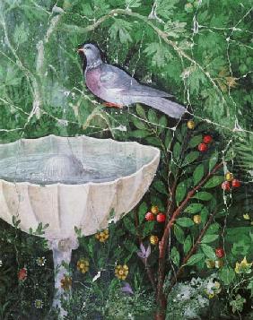 Wall painting of a dove in a garden by a fountain 1st centur