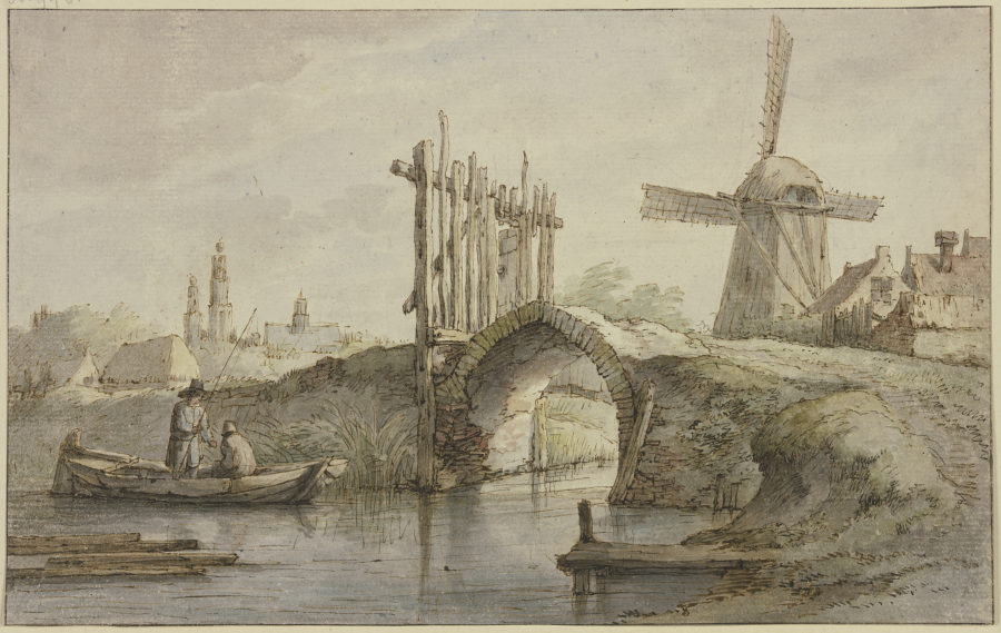 Abgegatterte spitzbogige Kanalbrücke, rechts eine Windmühle, links in einem Kahn zwei Angler von Anthonie van Borssom