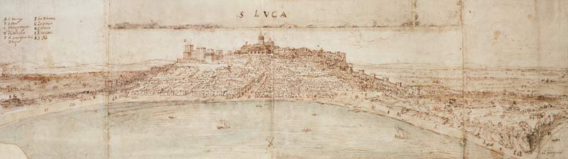 Panoramic View of Lucca (pen and ink and w/c on paper) von Anthonis van den Wyngaerde