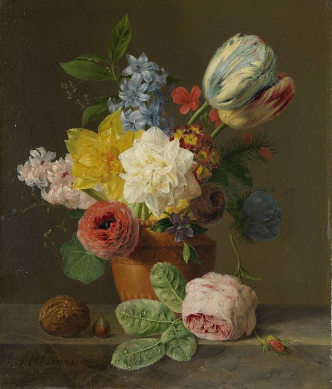 Stillleben mit Blumen und Nüssen. Um 1830   Floral still lifes of the  period are characterised by t von Anthony Obermann