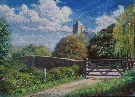 Otterton Bridge and Church, 2001 (pastel on paper)  von Anthony  Rule