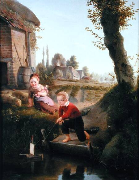 Two children playing with a boat von Antoine de Bruycker