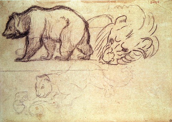 A bear walking, the head of a lion and a leopard attacking an animal von Antoine Louis Barye
