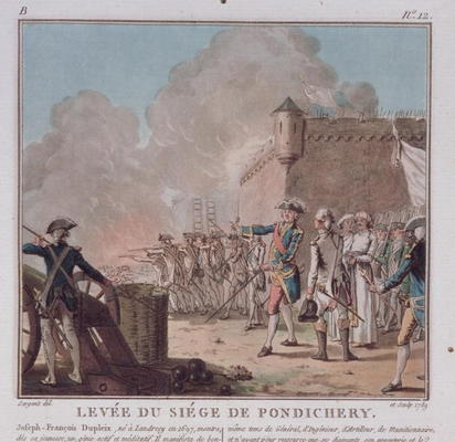 Lifting of the Siege of Pondicherry, 1748, engraved 1789 (colour litho) von Antoine Louis Francois Sergent-Marceau