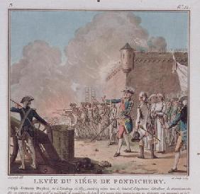 Lifting of the Siege of Pondicherry, 1748, engraved 1789 (colour litho)
