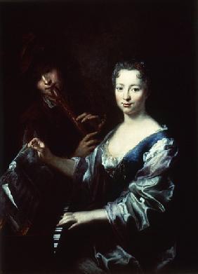 Lady playing a spinet and a flautist