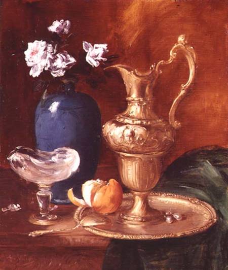 Still life of a gilt ewer, vase of flowers and a facon de Venise bowl von Antoine Vollon