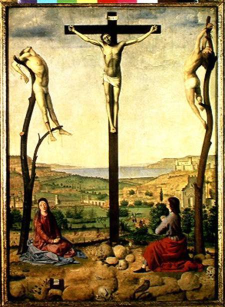 Calvary or, Christ Between the Two Thieves with Mary and John the Baptist von Antonello da Messina