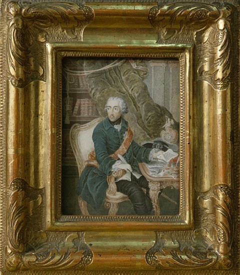 King Frederick II of Prussia in his Hohenzollern Jacket, 1769 (watercolour on ivory) von Anton Friedrich Konig