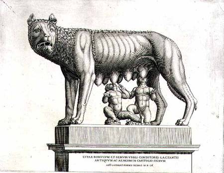 Drawing of the Etruscan bronze of the she-wolf suckling Romulus and Remus, 5th century BC, in the Ca von Antonio Lafreri