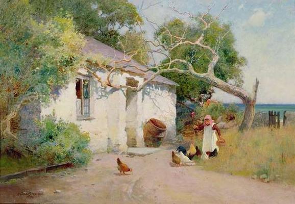 Feeding the Hens, 1894 (oil) von Arthur Claude Strachan