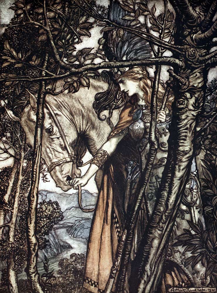 Brünnhilde führt ihr Ross am Zaume. Illustration für "The Rhinegold and The Valkyrie" von Richard Wa von Arthur Rackham