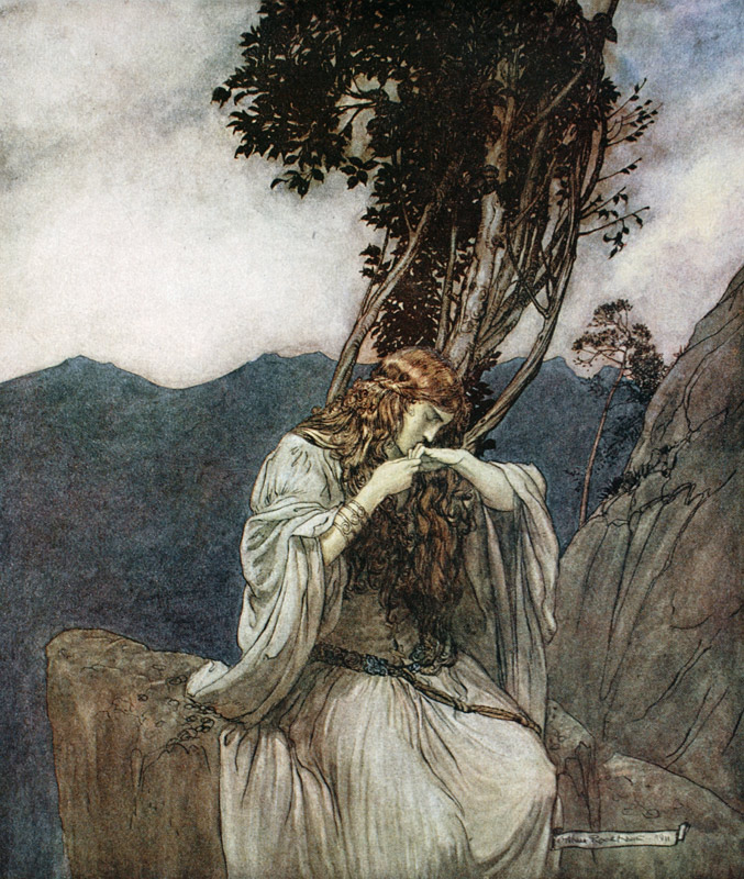 Brünnhilde küsst den kostbaren Ring, den Siegfried ihr zum Abschied überlassen hat. Illustration für von Arthur Rackham