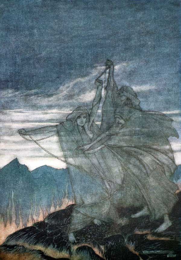 Die Norns verschwinden. Illustration für "Siegfried and The Twilight of the Gods" von Richard Wagner von Arthur Rackham