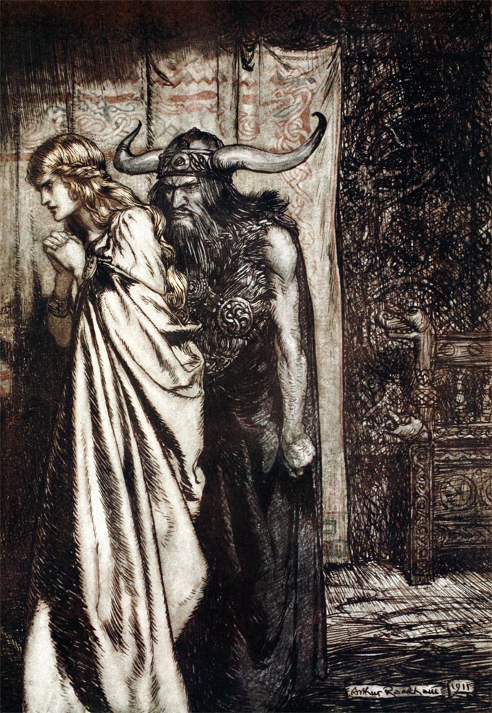 Wer dich verriet, das räche ich. Illustration für "Siegfried and The Twilight of the Gods" von Richa von Arthur Rackham