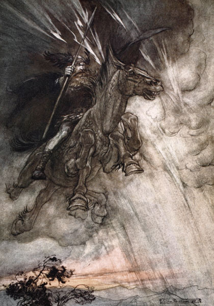 Furchtbar fährt dort Wotan zum Fels. Illustration für "The Rhinegold and The Valkyrie" von Arthur Rackham