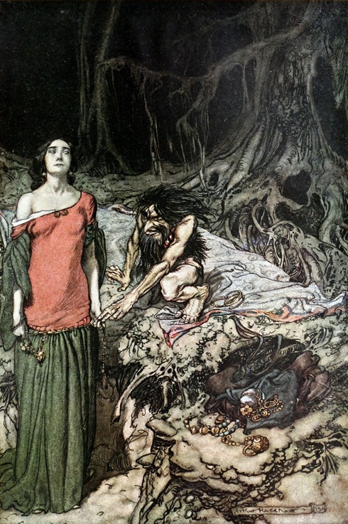 Die Brautwerbung um Kriemhild. Illustration für "Siegfried and The Twilight of the Gods" von Richard von Arthur Rackham