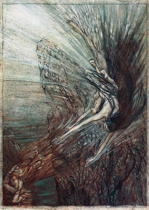 Die Spiele der Rheintöchter. Illustration für "The Rhinegold and The Valkyrie" von Richard Wagner von Arthur Rackham
