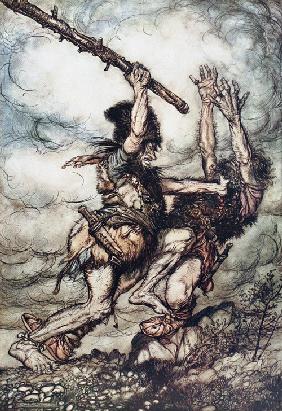 Fafner tötet seinen Bruder Fasolt. Illustration für "The Rhinegold and The Valkyrie" von Richard Wag 1910