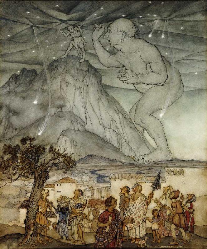 Herkules trägt für Atlas den Himmel (Zeichnung für 'Hawthorne's Wonder Book') von Arthur Rackham