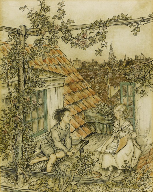 Kay und Gerda in ihrem kleinen Garten. Illustration zum Märchen "Die Schneekönigin" von Arthur Rackham