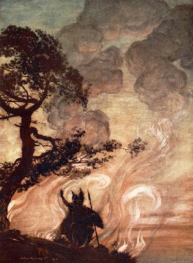 Wotan blickt schmerzlich auf Brünnhilde zurück. Illustration für "The Rhinegold and The Valkyrie" 1910
