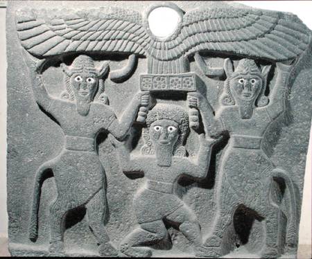 Relief depicting Gilgamesh between two bull-men supporting a winged sun disk, from Tell-Halaf, Syria von Assyrian