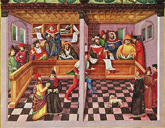 Ms Lat. 209 fol.8v Tribunal of the Scientists, from ''De Sphaera'', c.1470 von (attributed to) Cristoforo De Predis