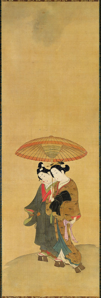 Two Lovers under an Umbrella von (attributed to) Toyonobu Ishikawa