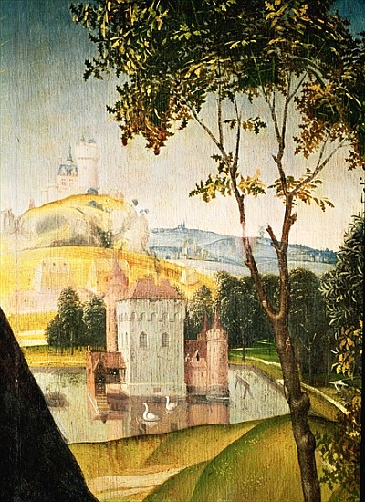 Landscape with castle in a moat and two swans, 1460-66 (detail of 344036) von (attr. to) Rogier van der Weyden